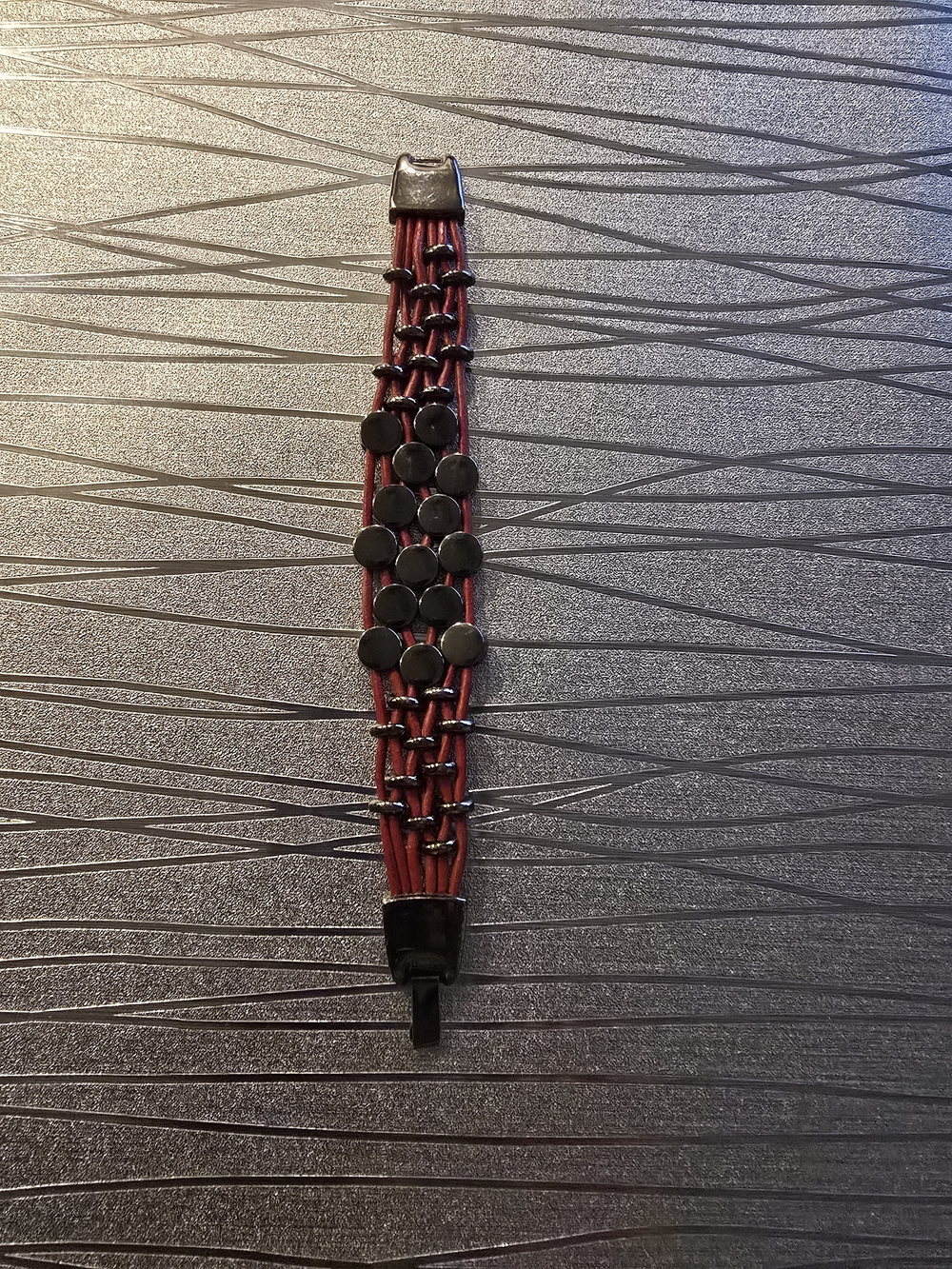 Red Multi-Strand Leather Bracelet with Black Accents